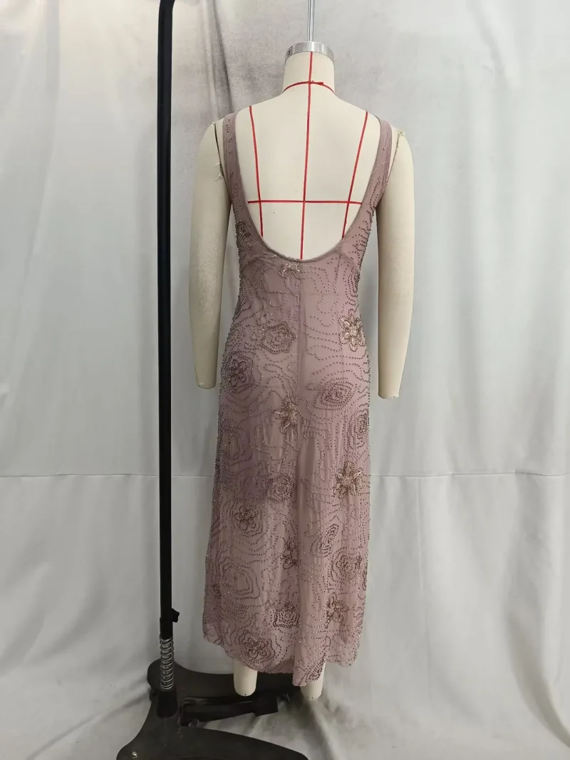 Women’s Sequin Beaded Mesh Dress Sleeveless V-Neck Evening Gown - Image 6