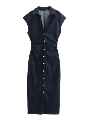 Denim Bodycon Long Dress V-Neck Short Sleeve Chic Style