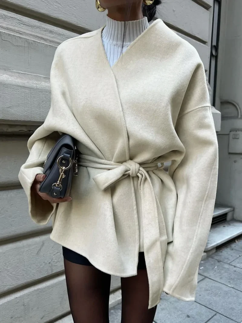 Elegant Lace Up V-Neck Coat Long Sleeve Autumn Jacket - Image 4