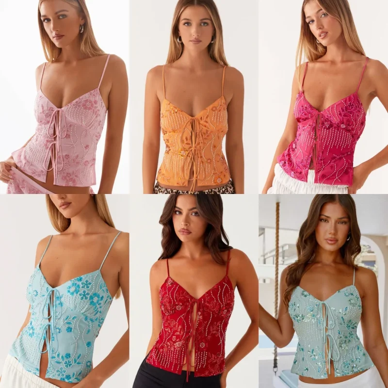 Chic Sequin Crop Camisole Lace Up V-Neck Top - Image 6