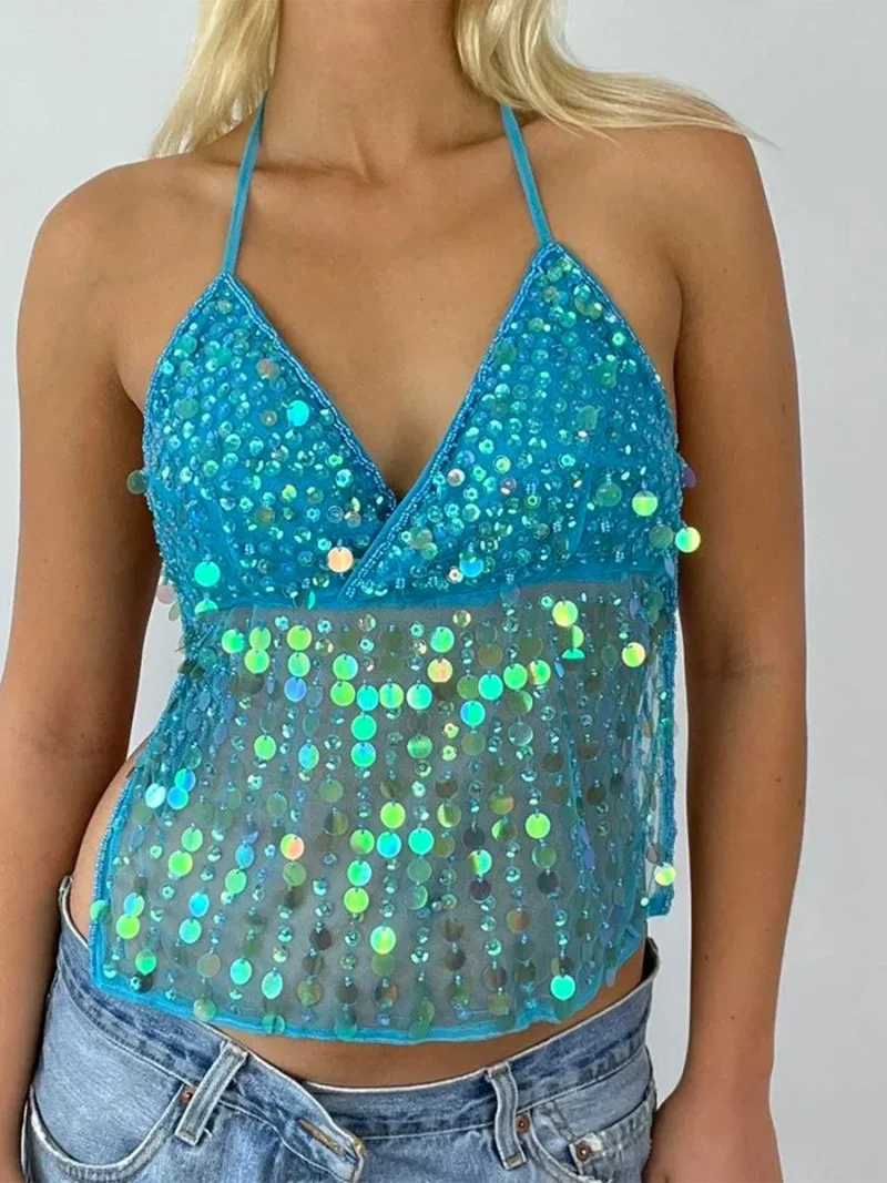 Halter Neck Sequin Tank Top Sleeveless Tie Up Slim Fit - Image 3