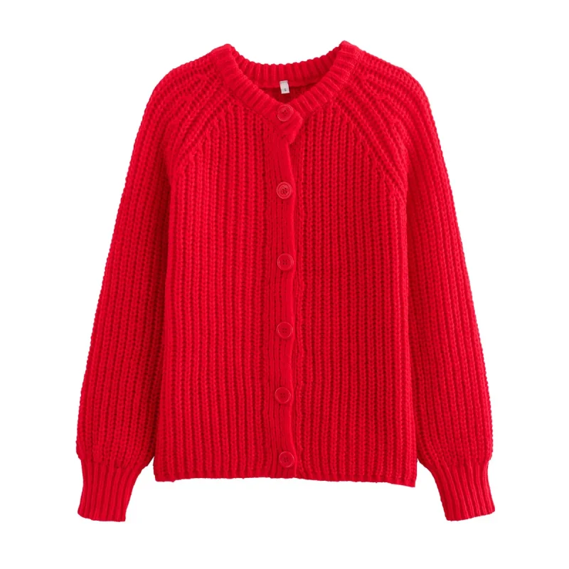 Women’s Red Knitted Cardigan Sweater with Buttons