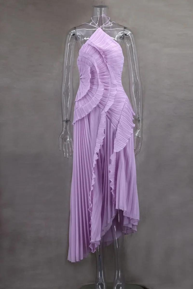 Chic Pleated Halter Maxi Dress Strapless Backless Ruffle Gown - Image 6