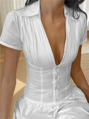 V Neck Button Down Summer Top Casual Short Sleeve Blouse