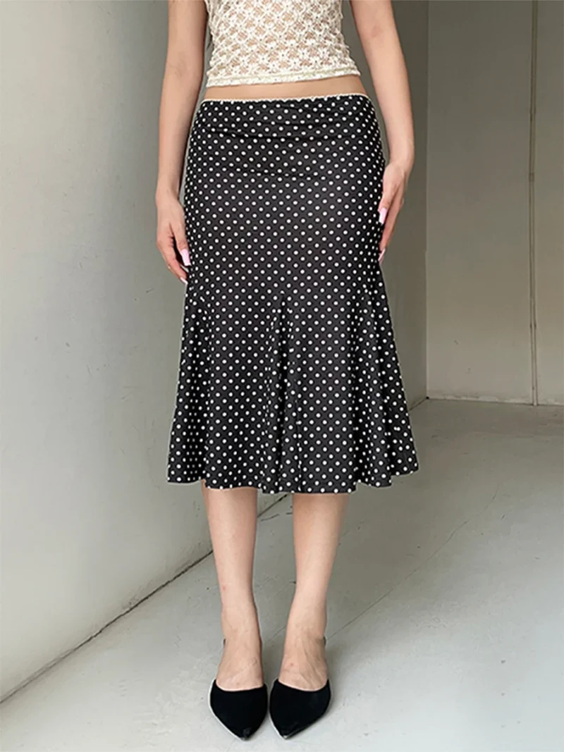 Dot Print Midi Skirt Low Waist Casual Spring Summer Style - Image 3