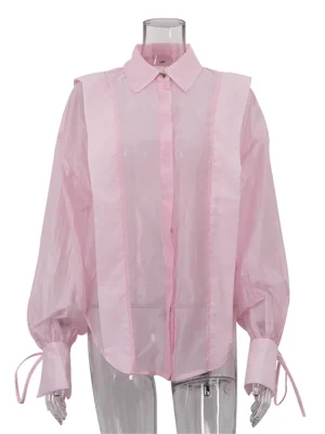 Pink White Cotton Shirt Sheer Lace-Up Long Sleeve Top