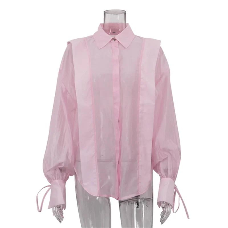 Pink White Cotton Shirt Sheer Lace-Up Long Sleeve Top