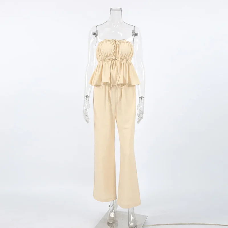 Cotton Linen Pant Set Strapless Top with Wide Leg Trousers - Image 5