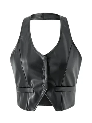 Vintage PU Leather Vest Sleeveless V Neck Waistcoat