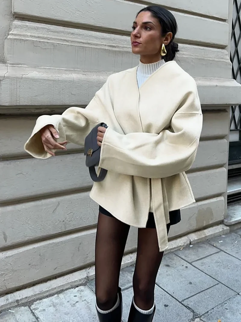 Elegant Lace Up V-Neck Coat Long Sleeve Autumn Jacket - Image 5