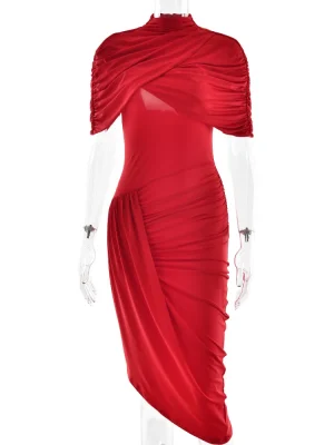 Backless Ruched Maxi Dress Turtleneck Slim Party Style