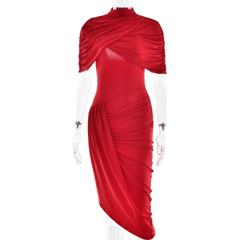 Backless Ruched Maxi Dress Turtleneck Slim Party Style