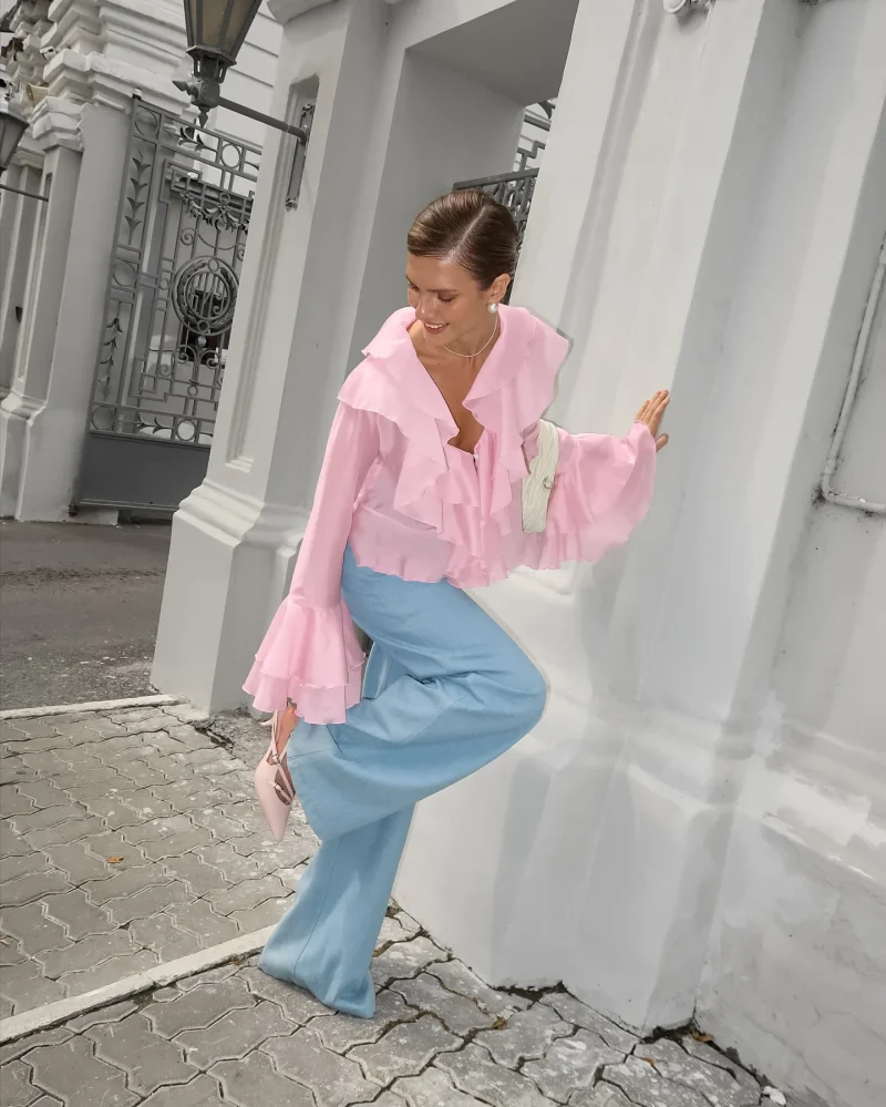 Sweet Pink Ruffle Blouse V-Neck Long Sleeve Shirt - Image 5