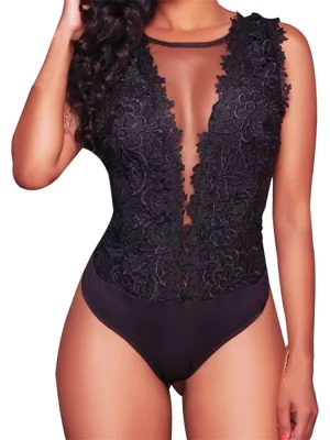 Lace Floral Bodysuit V Neck Sleeveless Bodycon