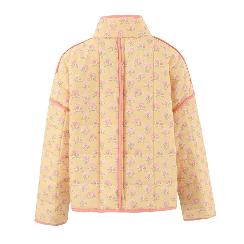 Printed Quilted Cotton Jacket High Neck Loose Fit Coat - Image 4