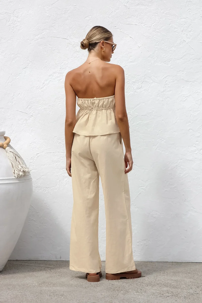 Cotton Linen Pant Set Strapless Top with Wide Leg Trousers - Image 3