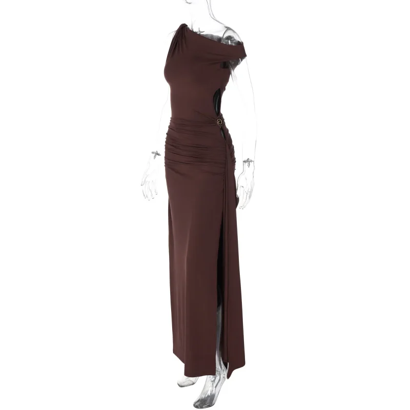 Pleated One Shoulder Maxi Dress Sleeveless High Waist Elegance - Image 6