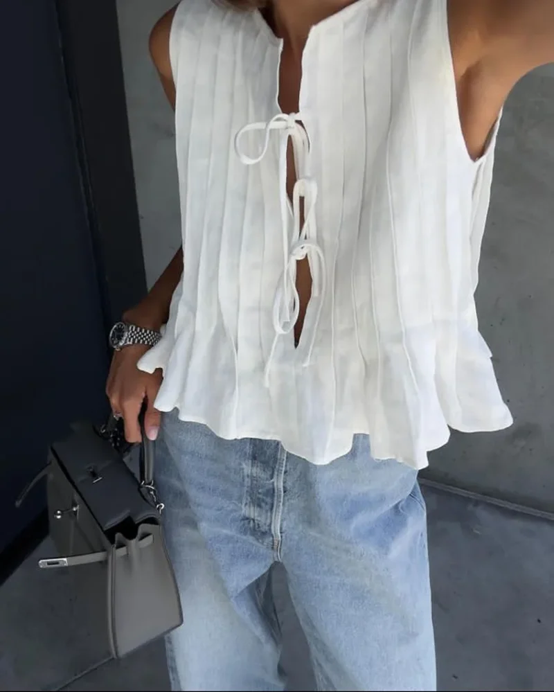 Women’s Summer Bow Tie Cotton Linen Blouse - Image 2