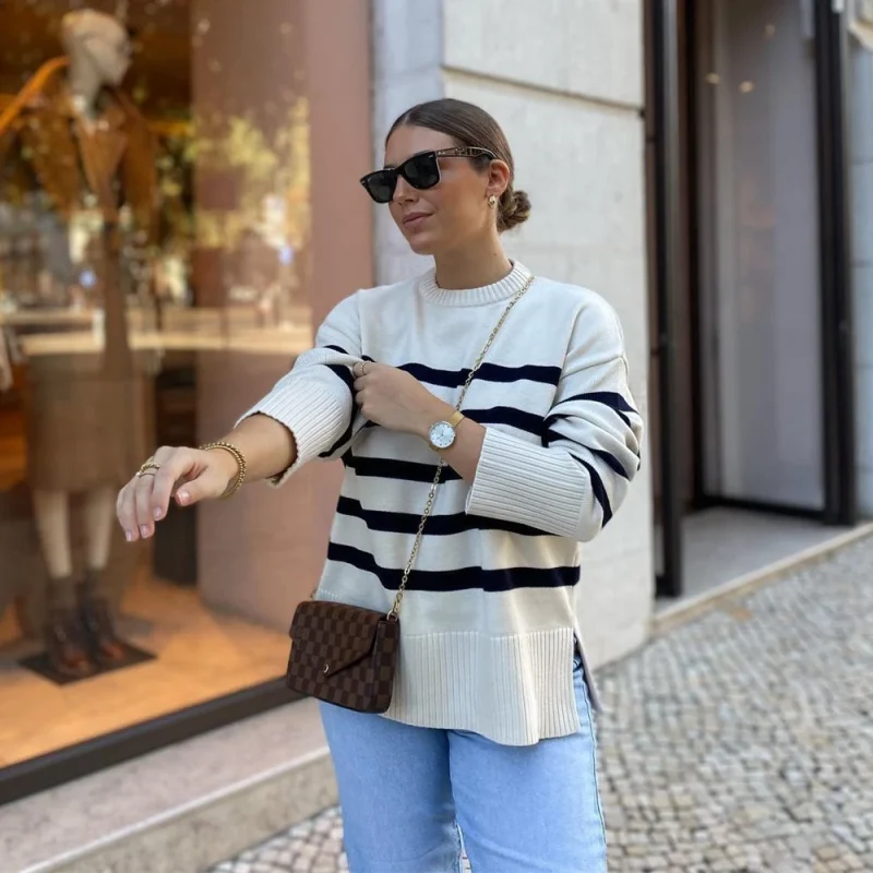 Women’s Oversized Striped Knit Pullover Sweater - Image 3