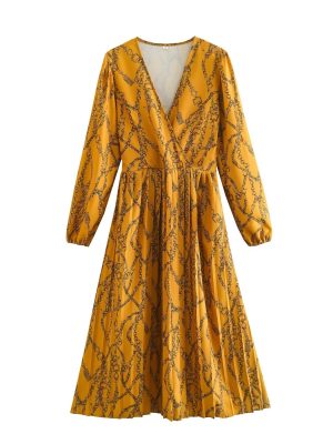 Autumn French Retro V-Neck Printed Dress Women