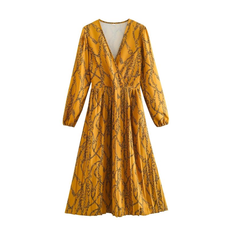 Autumn French Retro V-Neck Printed Dress Women