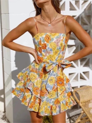 Square Collar Printed Belted Layered Summer Dress