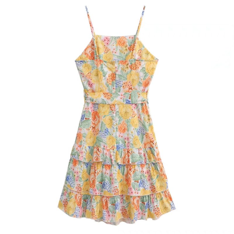 Square Collar Printed Belted Layered Summer Dress - Image 3
