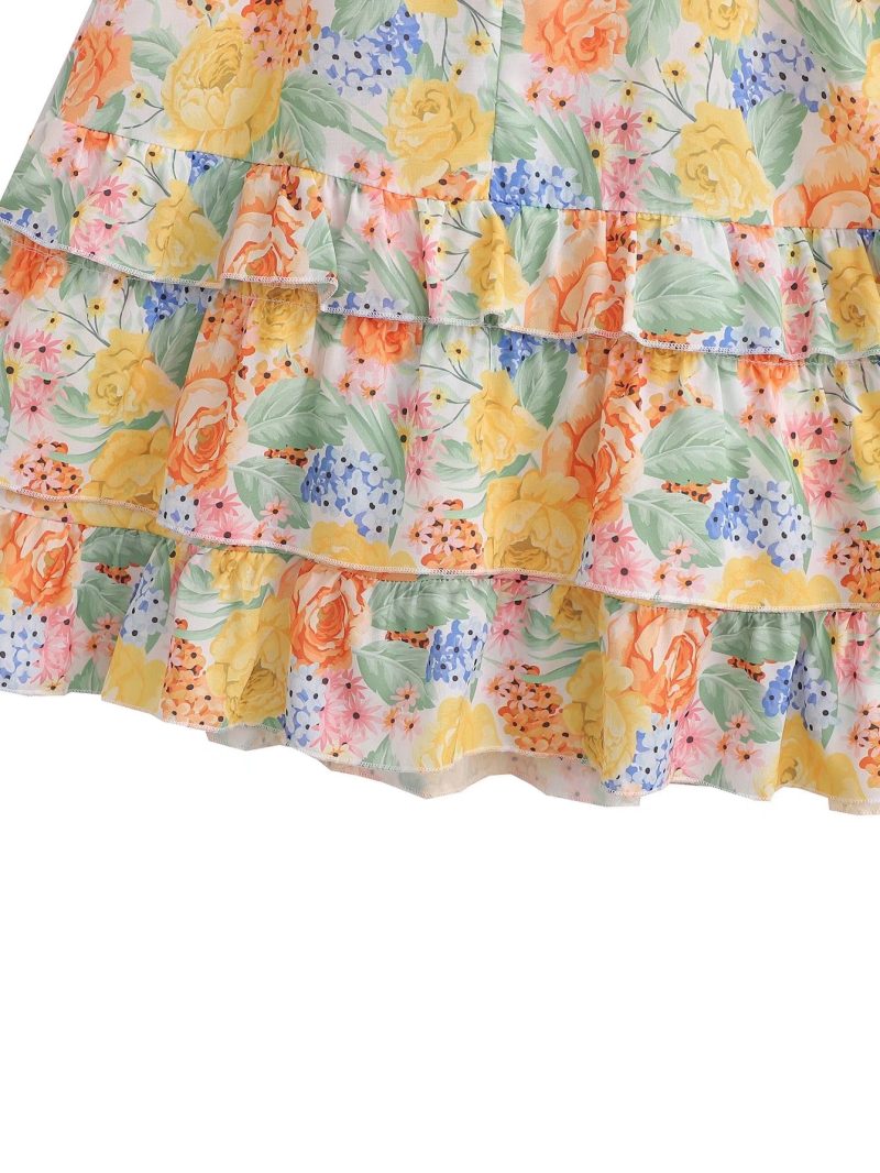 Square Collar Printed Belted Layered Summer Dress - Image 4