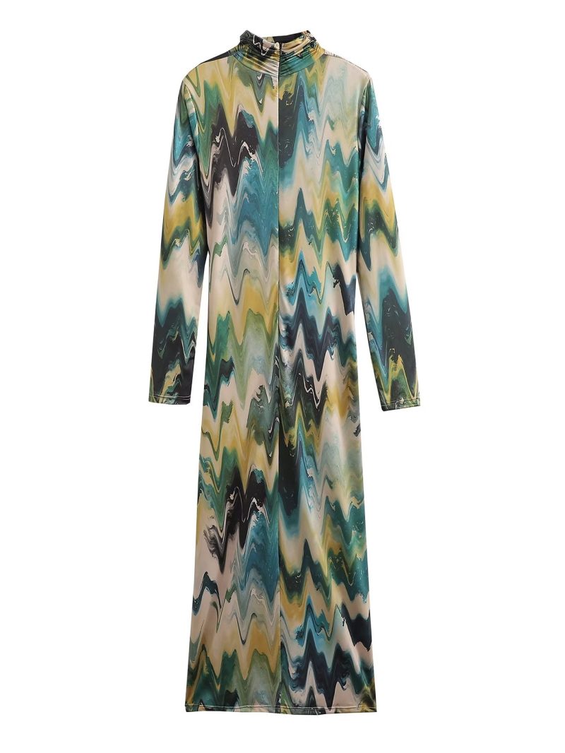 Autumn Winter Turtleneck Printed Long Sleeve Dress - Image 4