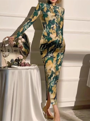 Autumn Winter Turtleneck Printed Long Sleeve Dress
