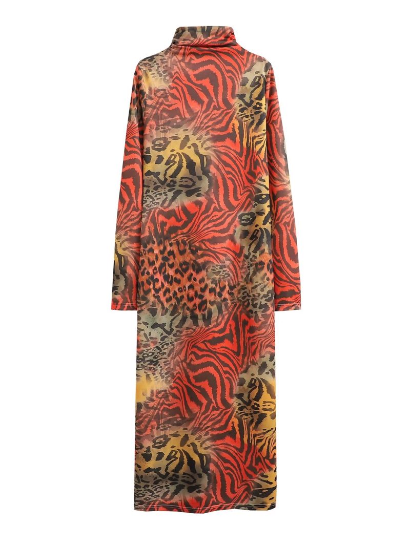 Autumn Winter Turtleneck Long Sleeve Printed Slim Dress - Image 3