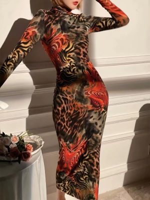 Autumn Winter Turtleneck Long Sleeve Printed Slim Dress