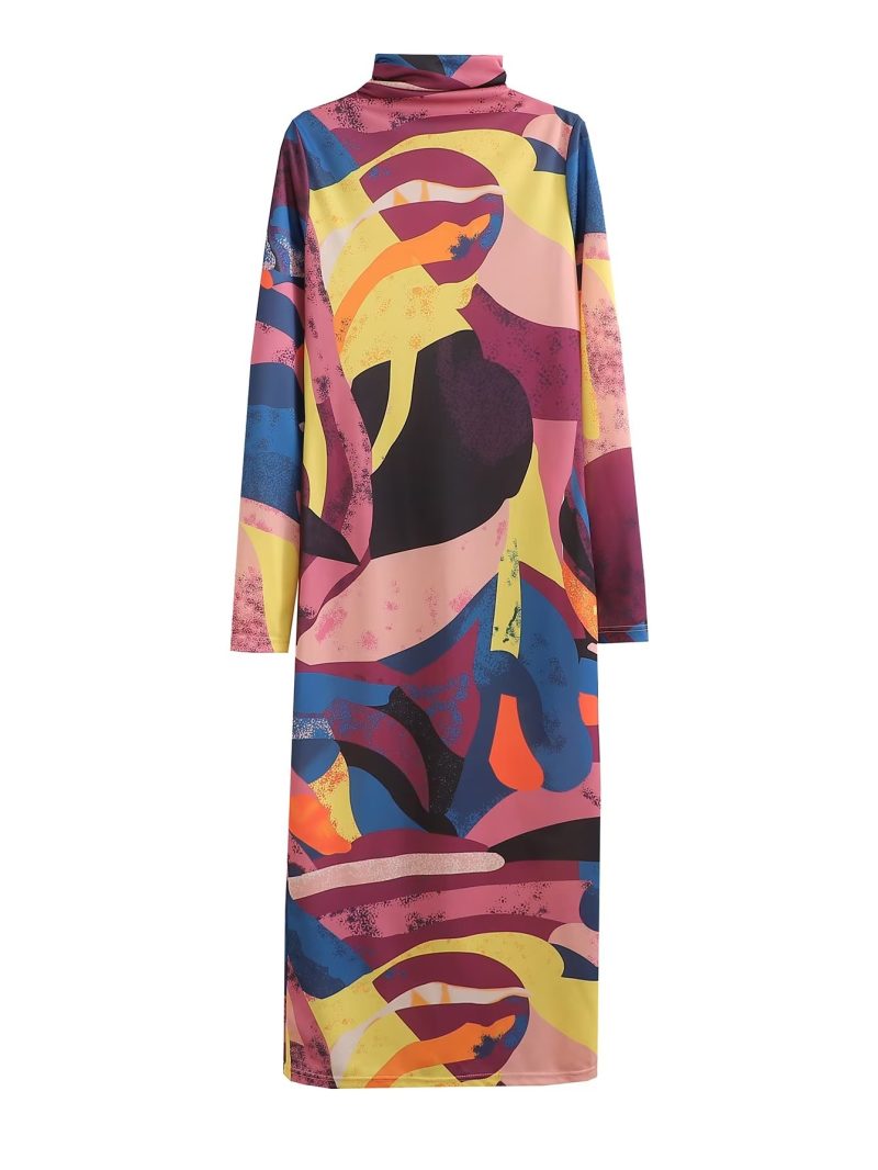 Winter Retro Turtleneck Floor Length Printed Sheath Dress