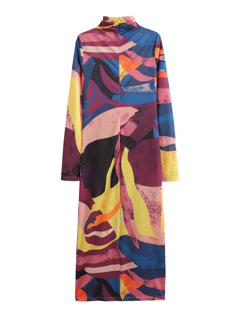 Winter Retro Turtleneck Floor Length Printed Sheath Dress - Image 2