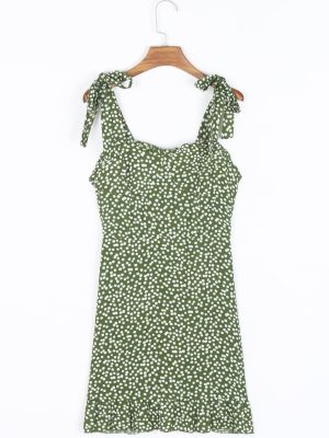 French Green Polka Dot Lace-Up Spring Dress