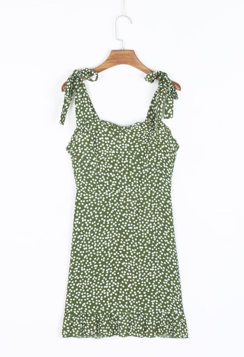 French Green Polka Dot Lace-Up Spring Dress