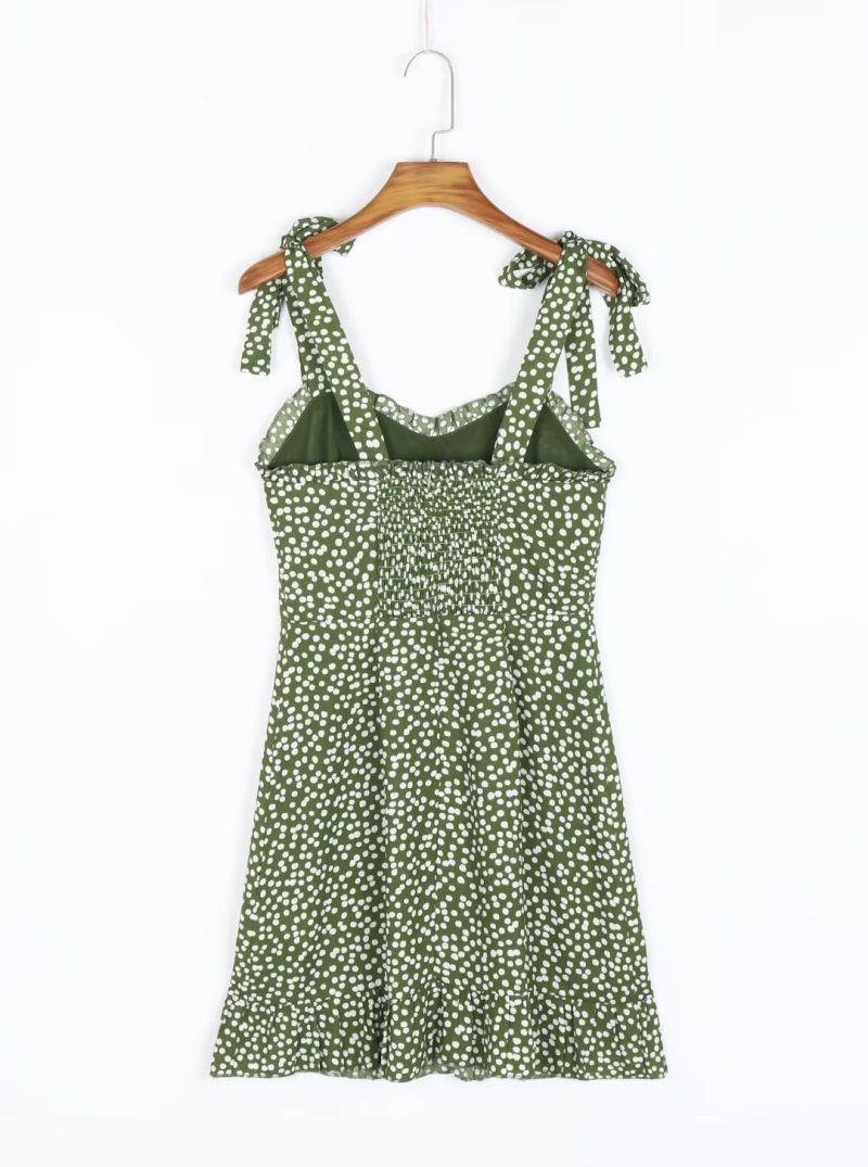 French Green Polka Dot Lace-Up Spring Dress - Image 2