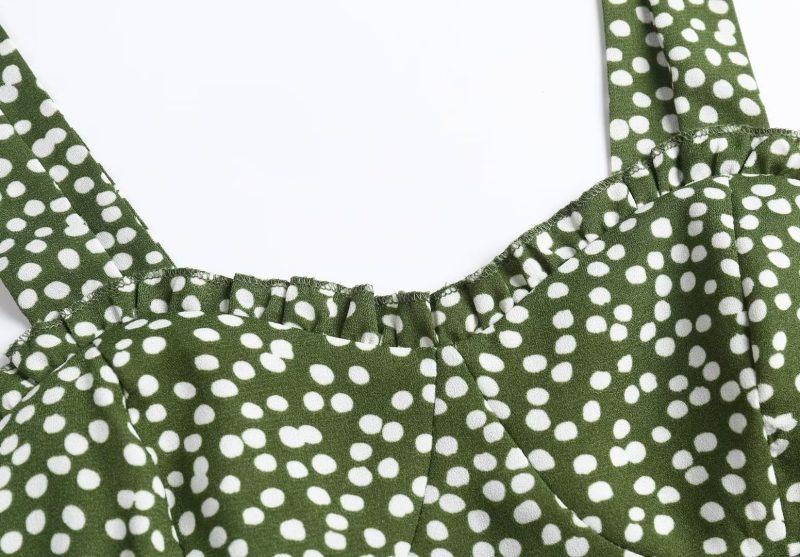 French Green Polka Dot Lace-Up Spring Dress - Image 3
