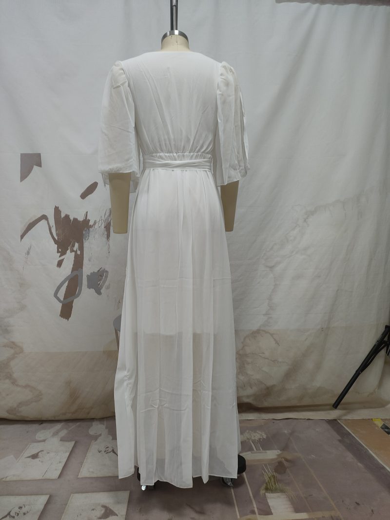 Spring V-Neck Half Sleeve Solid Midi Dress - Image 4