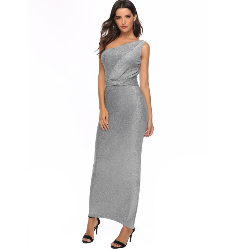 One Shoulder Plus Size Silk Elegant Dress - Image 2