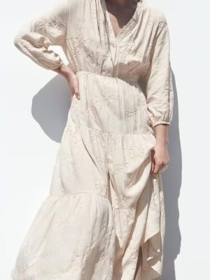 Summer Retro V Neck Embroidered Linen Dress