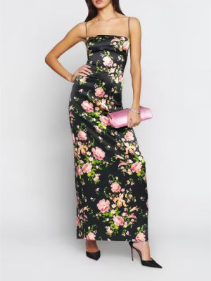 French Vintage Floral Print Strap Maxi Dress
