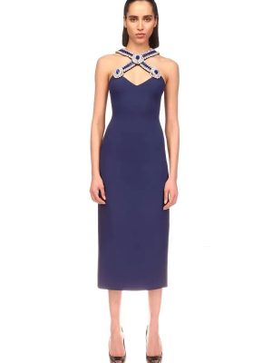 Royal Blue V-Neck Diamond Bandage Maxi Dress