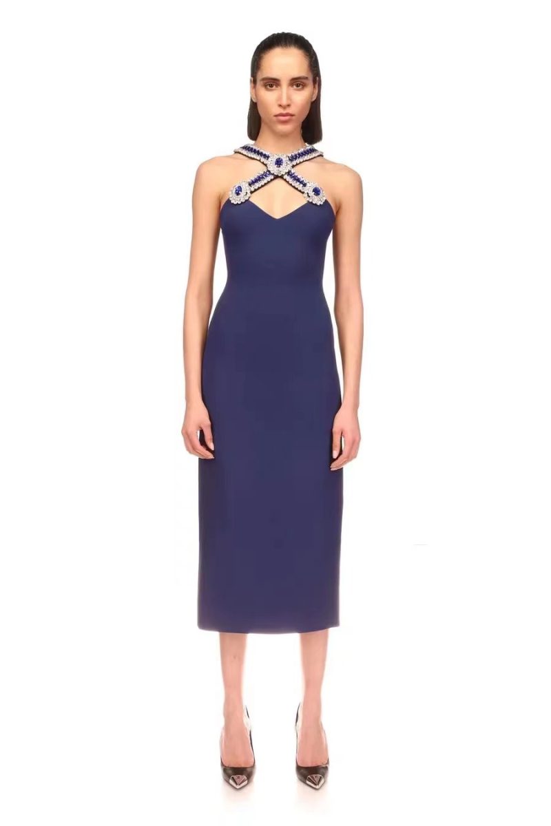 Royal Blue V-Neck Diamond Bandage Maxi Dress
