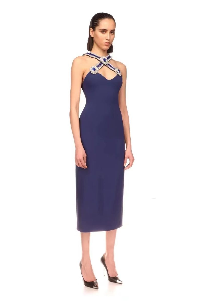 Royal Blue V-Neck Diamond Bandage Maxi Dress - Image 2