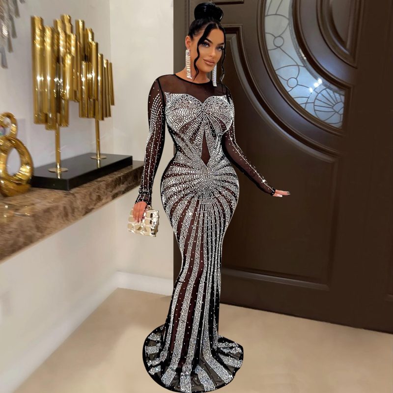 Women Solid Mesh Rhinestone Long Sleeve Dress
