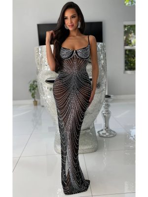Solid Color Mesh Sling Maxi Dress with Rhinestones