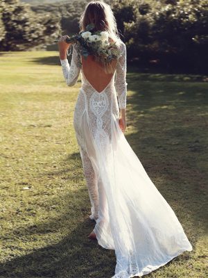 Women’s Long Sleeve Lace Backless Wedding Dress