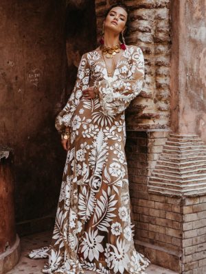 Women’s Deep V Mesh Embroidered Backless Dress