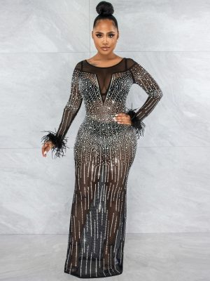 Nightclub Rhinestone Mesh Long Sleeve Women Dress